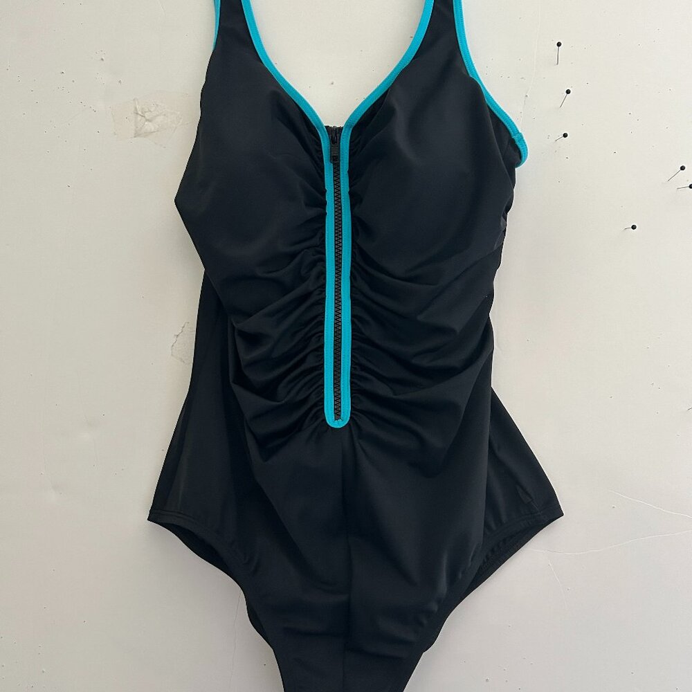 LADIES "REEBOK" ONE- PIECE BLACK/W BLUE TRIM SWIM SUIT SZ. 12